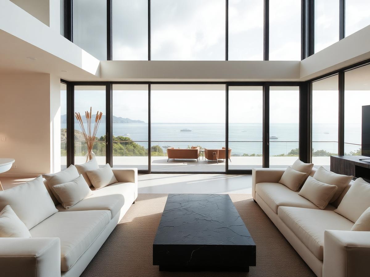 Villa living room with floor-to-ceiling sea views