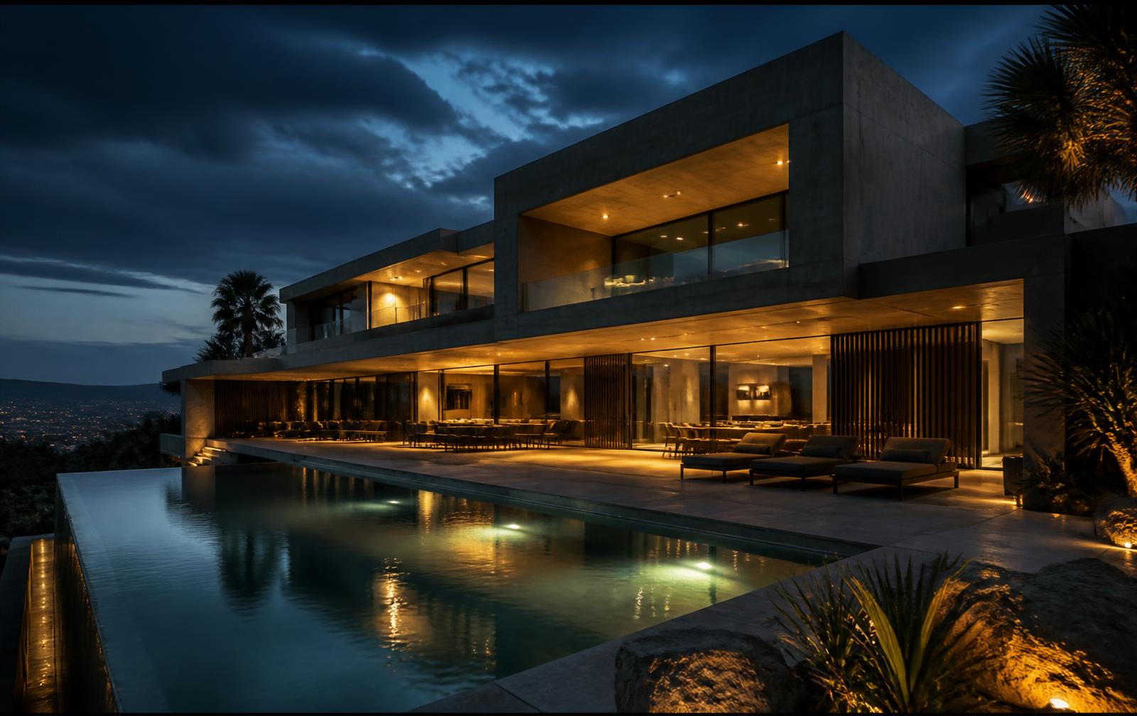 Contemporary off-market villa illuminated at dusk beside an infinity pool